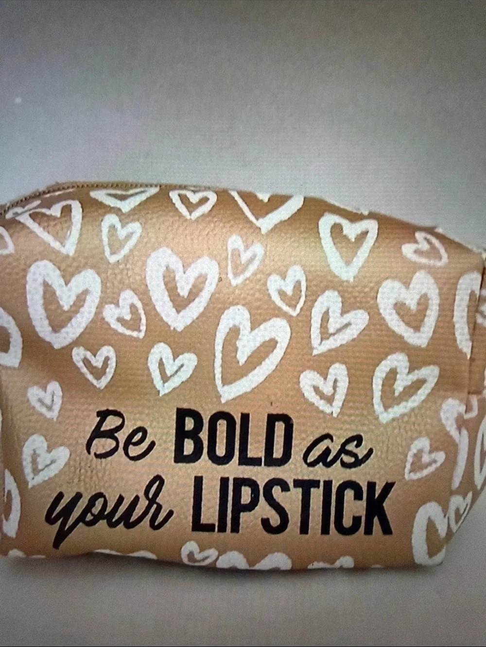 Be Bold As Your Lipstick Cosmetic Pouch - Tan with White Hearts